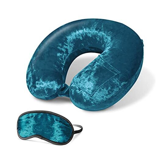 Luxe Crushed Velvet Memory Foam Neck Pillow with Sleep Mask - Teal