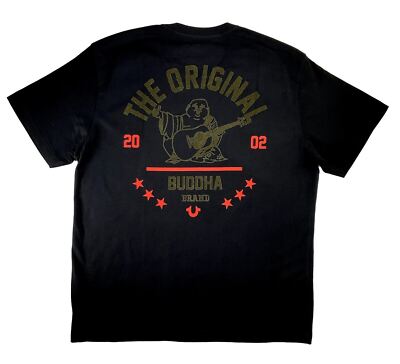 True Religion Jeans T-Shirt Logo Tee Crew Horseshoe Flocked Buddha Graphic Black