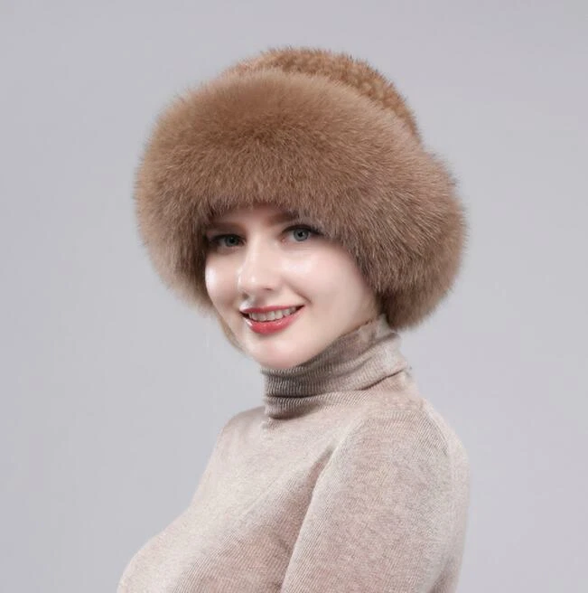 Sombrero de piel de visón real completo de piel de visón para mujer sombrero cálido sombrero de cubo Foto 4 de 4