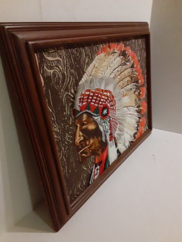 Lg.Vtg. Embroidered Crewel Native Indian Chief Az Tec Art Picture In Frame 17 X - Picture 11 of 12
