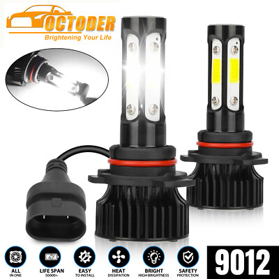Pair 4-sides 9012 LED Headlight Bulbs Kit High Low Beam Super Bright 6500K White