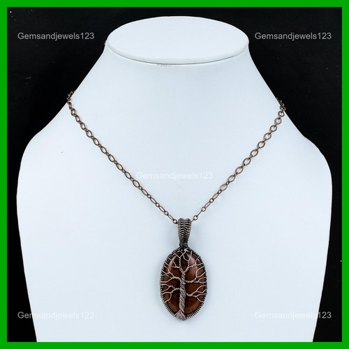 Oval Mahogany Obsidian Stone Wire Wrapped Tree Of Life Birthday Pendant Copper - Picture 6 of 6