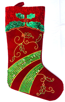 Vintage Velvet Felt Sequin Beaded CHRISTMAS STOCKING ''19 inch Holly Green Bow