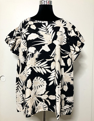 NWT RAFAELLA Blouse Top 1X Black Cream Tropical Leaf Ruffle Cap Sleeve Tropical