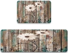 Rustic Flower Kitchen Rug Sets of 2 Pieces,Daisy Flowers Butterfly Vintage Fl...