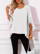 Women's Solid Crew Neck Ruffle Sleeve Blouse   Elegant Spring  Summer Woven Top