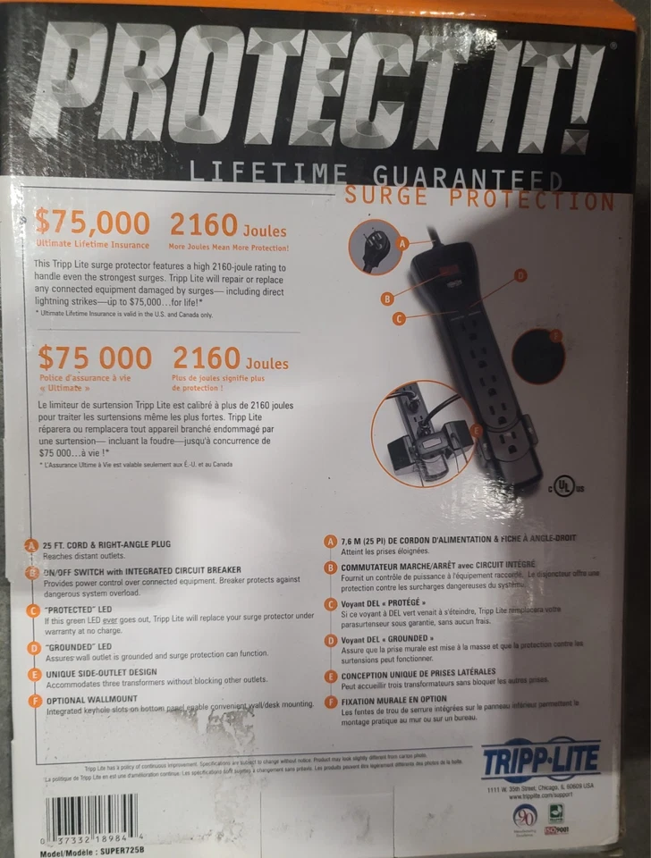 TRIPP LITE Surge Protection Surge Protector 7 Outlets 25' Cord 2 LEDs Brand New - Image 4 of 4