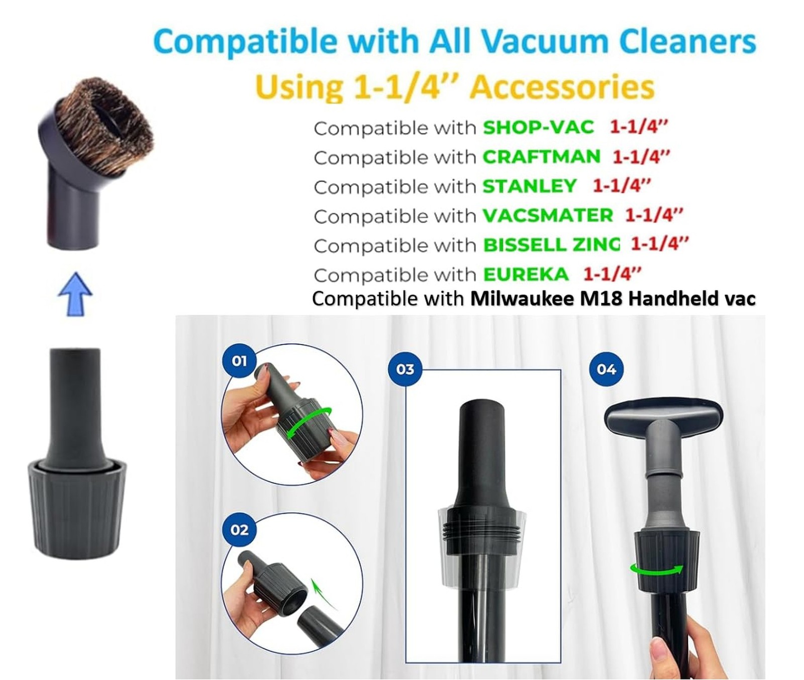 1.25'' Shop Vacuum Dust Brush Attachment with 25mm Horse Hair (2PCS) - Round ...