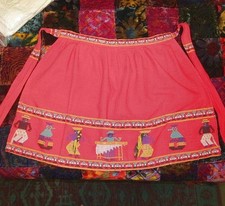Vtg Hand Made Embroidered Needlepoint Half Apron Pleated 3D Mayan Dancers Ethnic