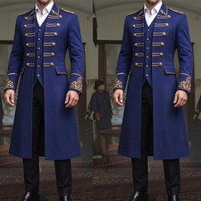Royal Blue Tailcoat Men Suit Gold Embroidered Long Coat Vest Historical Costume