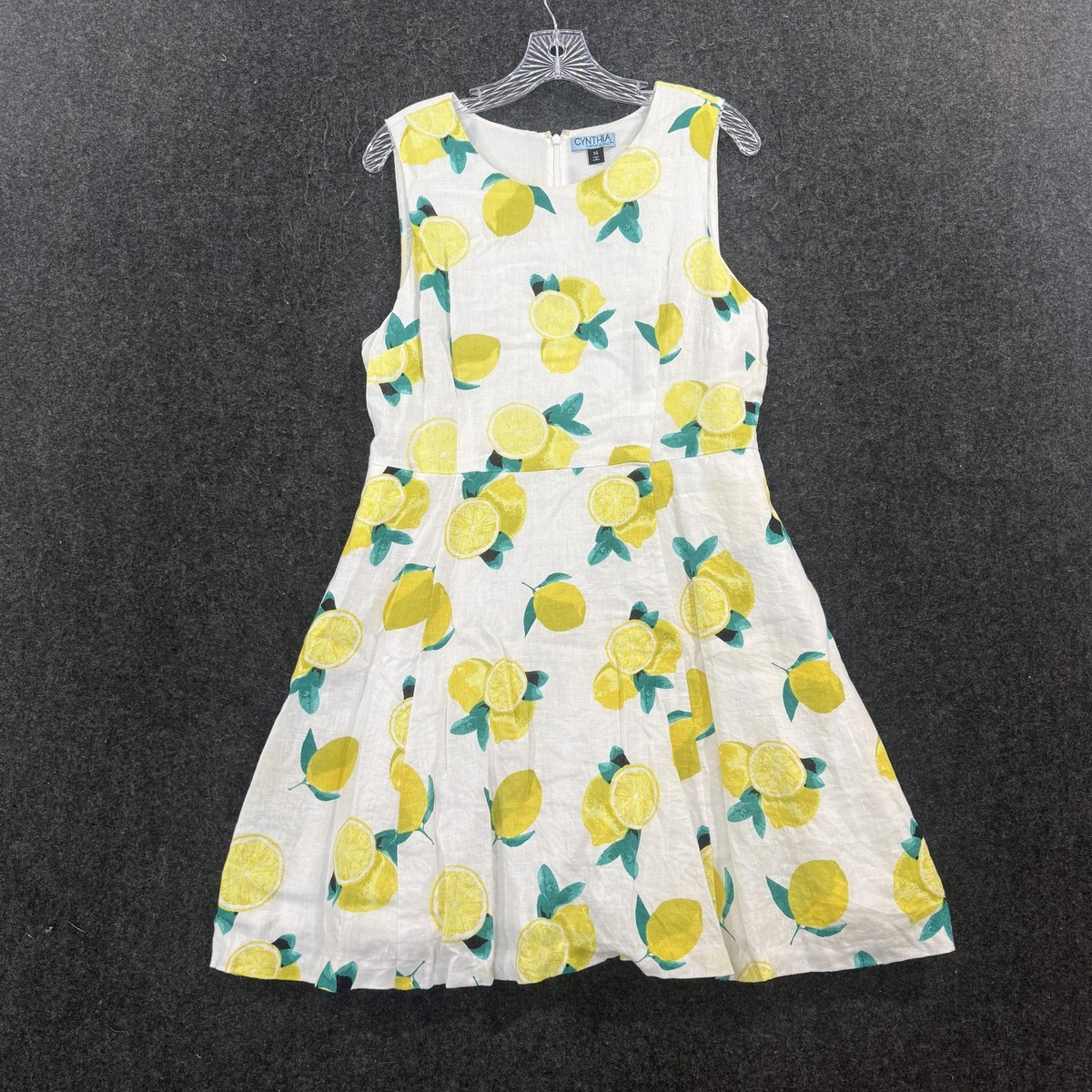Cynthia Rowley Dress Women's 14 White Lemon Print Linen Fit Flare Pockets  Fruit