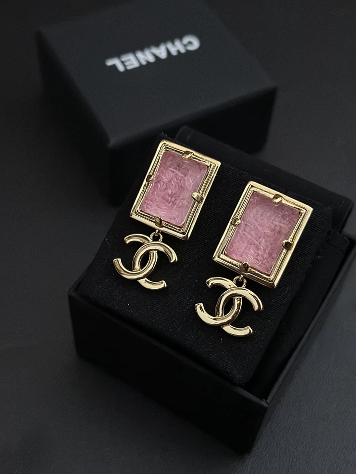 Pendientes colgantes Chanel oro rosa cristal tweed CC Foto 3 de 4