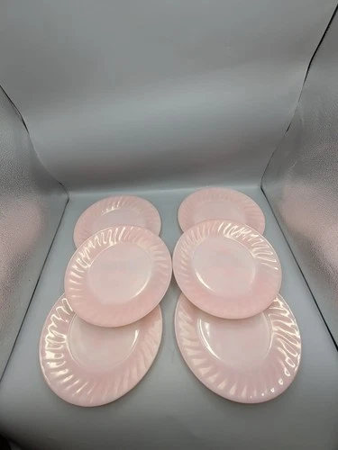 Set of 6 Vintage Fire King Pink Swirl 9.25 inch Dinner Plates Anchor Hocking