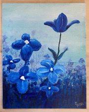 Original Blue Flowers Acrylic Painting On Canvas Board. 9x12 Inches