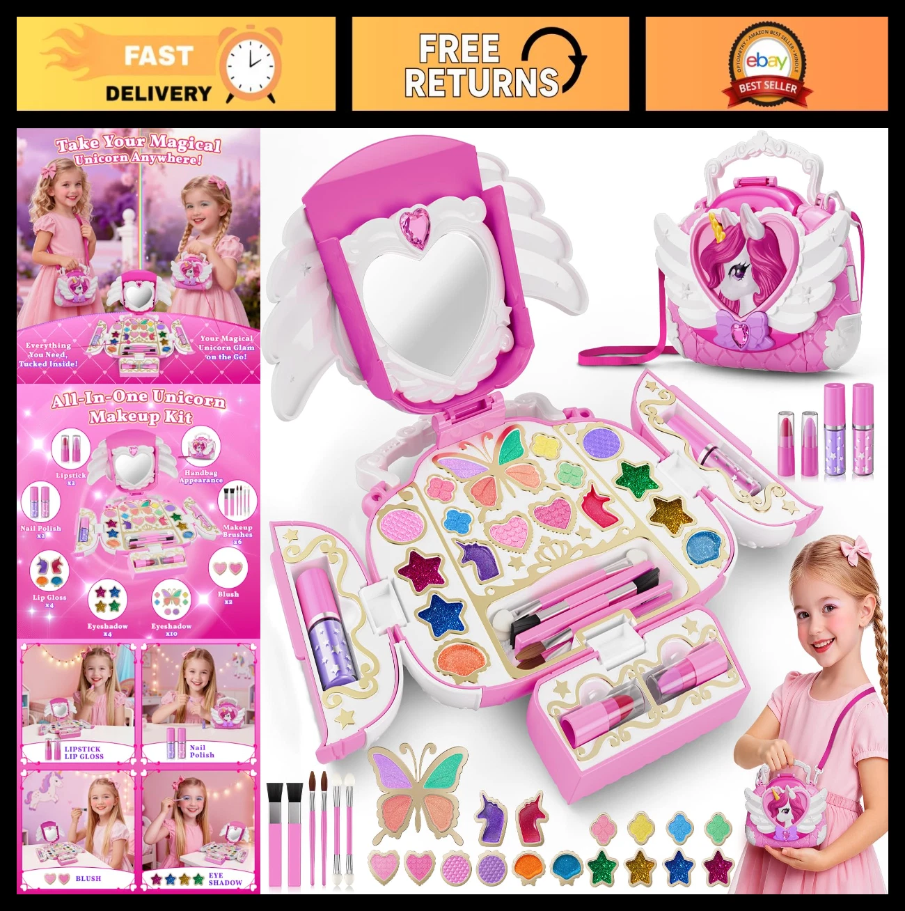 Unicorn Makeup Kit for Kids - Washable Princess Set with Mirror & Strap, Gifts f