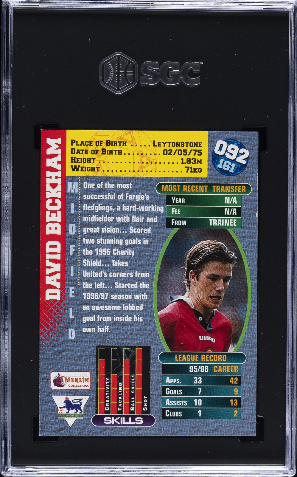 1996-97 MERLIN PREMIER GOLD #092 DAVID BECKHAM SGC 9 view 2