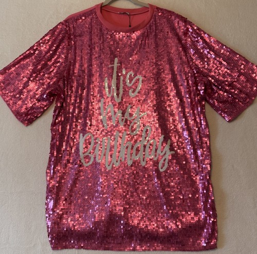Why Dress Pink Sequin “Its My birthday” Shirt Dress Women’s One Size Fits Most