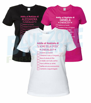 Checklist Addio al Nubilato Maglietta Divertente Personalizzata con Nome  Sposa | eBay