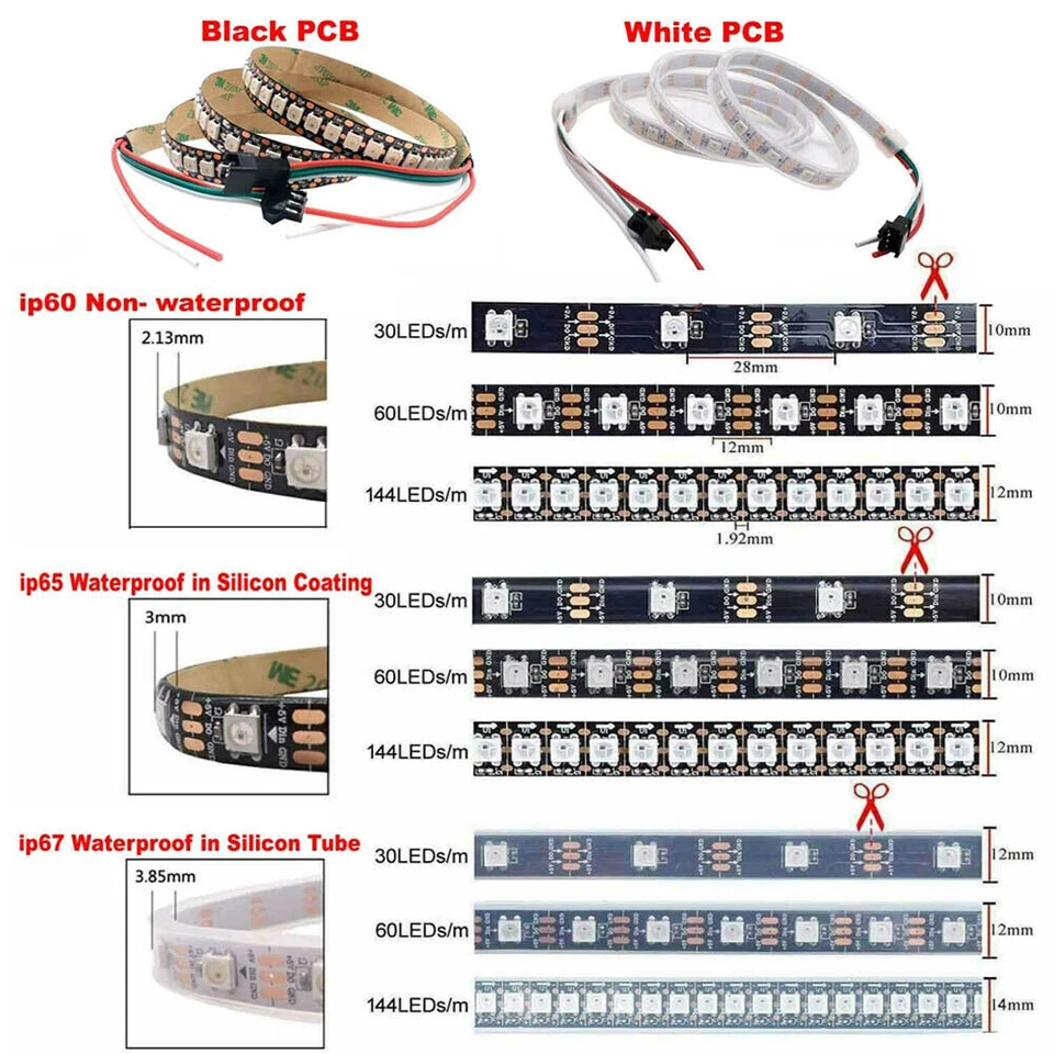 WS2812B LED Strip 5050 RGB 30/60/144LEDs/M ws2812 IC Individual Addressable DC5V - Image 4 of 4