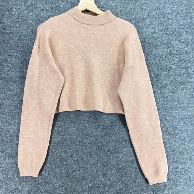 Bershka Sweater Pullover Women M  Beige Knit Crew Neck Long Sleeve Cropped