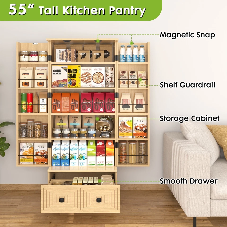 Mueble despensa de cocina de 55 pulgadas, moderno armario de almacenamiento con cajón y estantes Foto 4 de 4