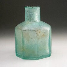 Antique Glass Clear Penny Ink Bottle, Inkwell, late 1800s, Burst top, Moulded,