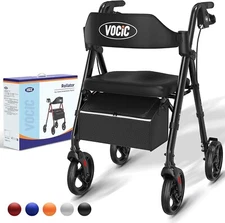 VOCIC Foldable Rollator Walker for Seniors Padded Seat Backrest 8" Wheel Black