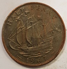 Old Coin 1967 Ship Halfpenny British