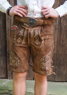 kurze Lederhose braun mit Gürtel Ziegen Leder antik crow look belt Leder Neu - Bild 1 von 4