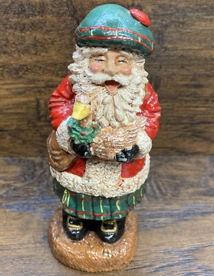 1990 Wood World Santa Figurine Hand Painted Christmas Scottish Kilt 6.75  VTG