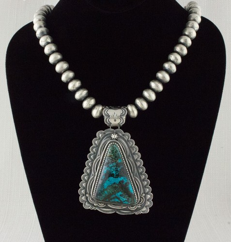 Sterling Silver Bead Necklace With Natural Chrysocolla Pendant - Imagen 3 de 4