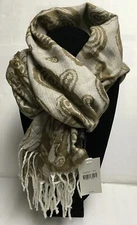 Women Cejon Scarf 100% Acrylic Ivory print  70" X 11" NWT with Fringe 