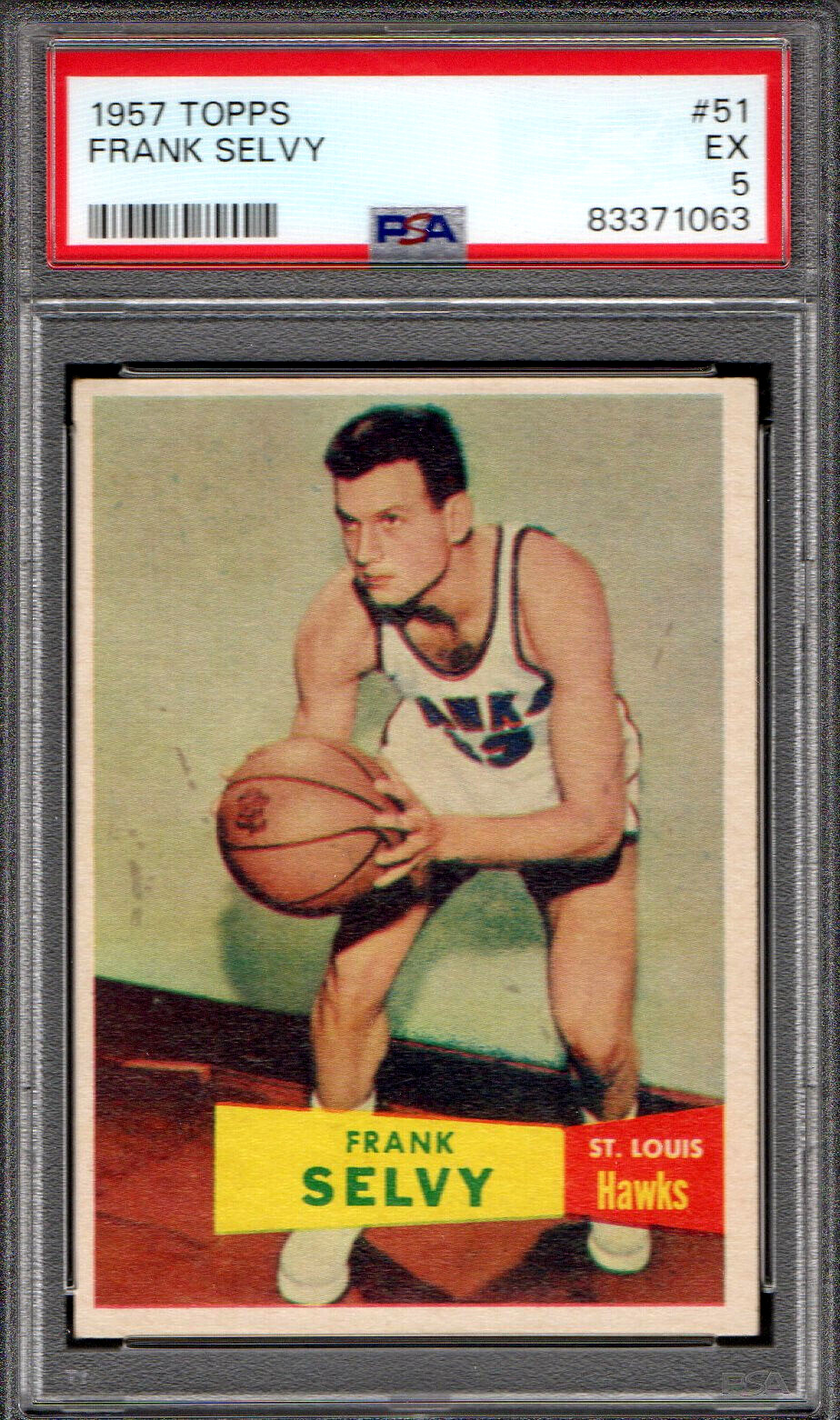 1957 TOPPS #51 FRANK SELVY ROOKIE ST LOUIS HAWKS 063 - PSA EX 5 - ATTRACTIVE
