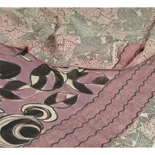 Sanskriti Vintage Sarees Mauve & Green Print Pure Georgette Silk Sari 6Yd Fabric