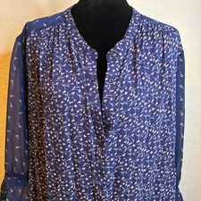 Lucky Brand Navy Blue Top 1x Floral Chiffon Peasant Blouse Plus Boho Bell Sleeve