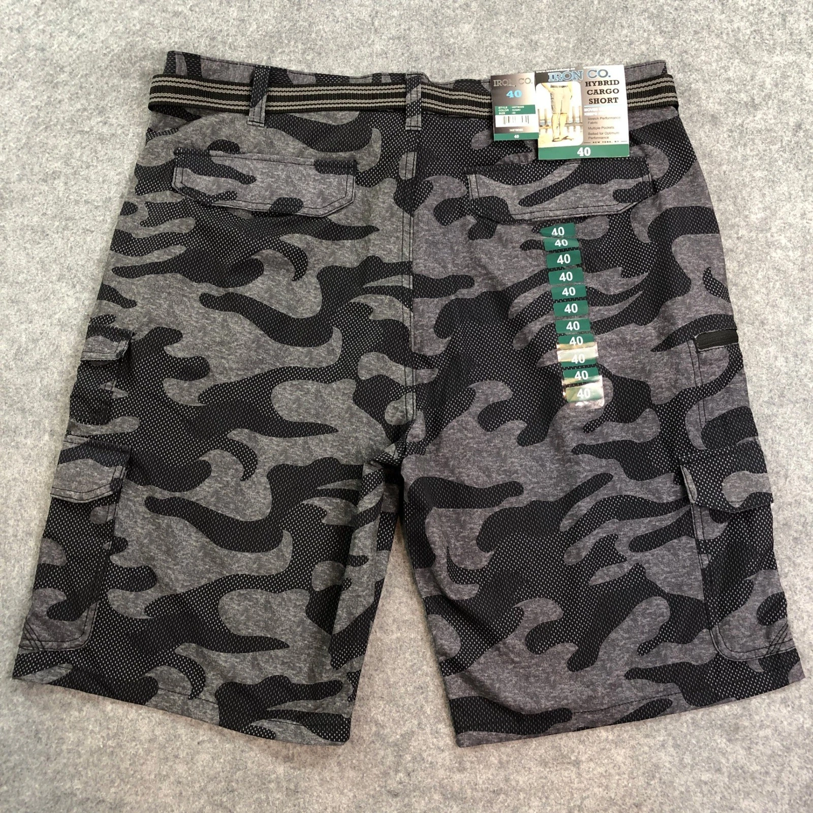 NEW Iron Co Hybrid Cargo Shorts Mens 40 Gray Black Camouflage Belted Performance