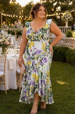 VONE Aini Beauty Floral Satin Tiered Ruffle Midi Dress Sz 14 Hi Low Hem Wedding