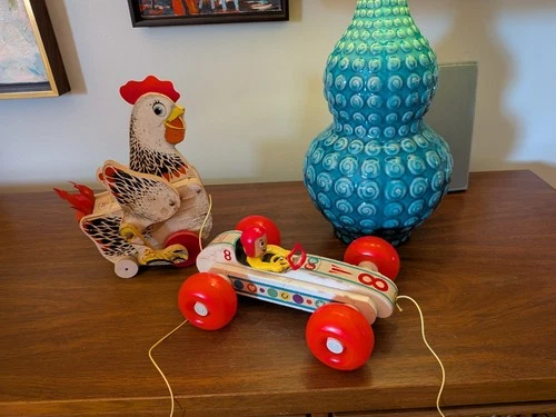 Vintage Fisher Price The Cackling Hen Wooden AND Bouncy Racer Car Pull Toys