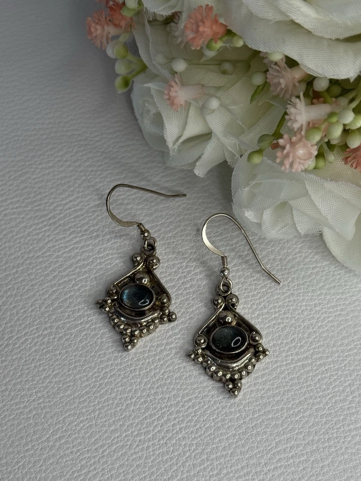 Vintage 925 Sterling Silver Labradorite Earrings Length 1.80 Inch - Image 2 of 4