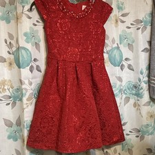 Wonder Nation Red Floral Lace Fit & Flare Cap Sleeve Dress Zip Bow 10 Plus
