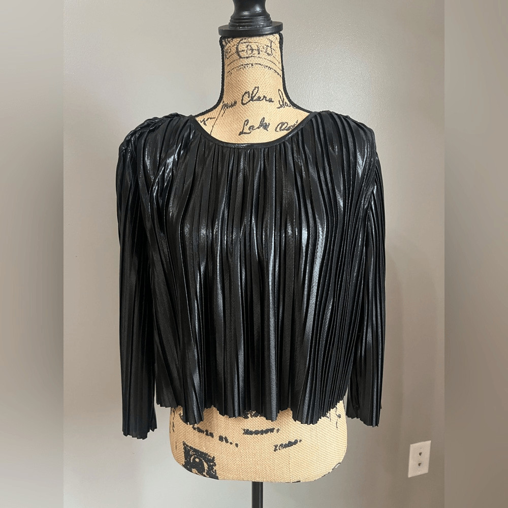 Zara basic pleated black shiny blouse pull over m… - image 1