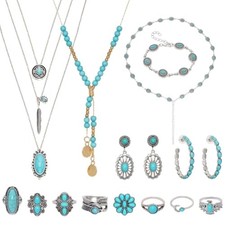 17pcs Bohemian Turquoise Jewelry Set Boho Necklace Earrings Bracelet Rings for