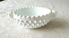 VTG Fenton White Milk Glass Hobnail Oval Dish, Scalloped Rim 6.5" long 3.5" wide