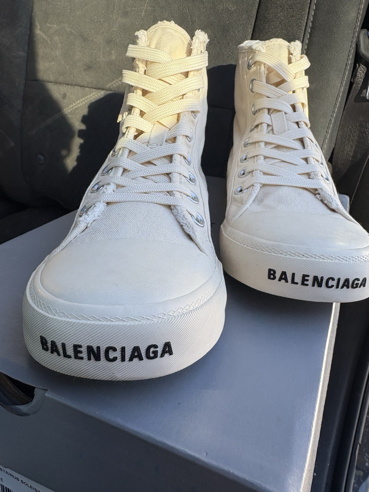 Balenciaga Men's Ivory Paris Distressed Canvas High-Top Sneakers Shoes 40