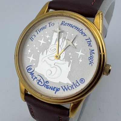 VTG Kodak Disney 25 Years Quartz Watch Men Gold Tone Leather Analog New Battery