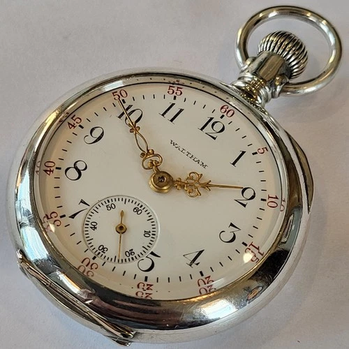 G75 SERVICED! 1908 WALTHAM COIN SILVER 900 FINE ANTIQUE POCKET WATCH! RUNS A+!