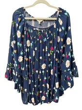 Terra & sky Floral Blue Rayon Peasant Top Smocked Bodice & Bell Sleeves Sz 1X