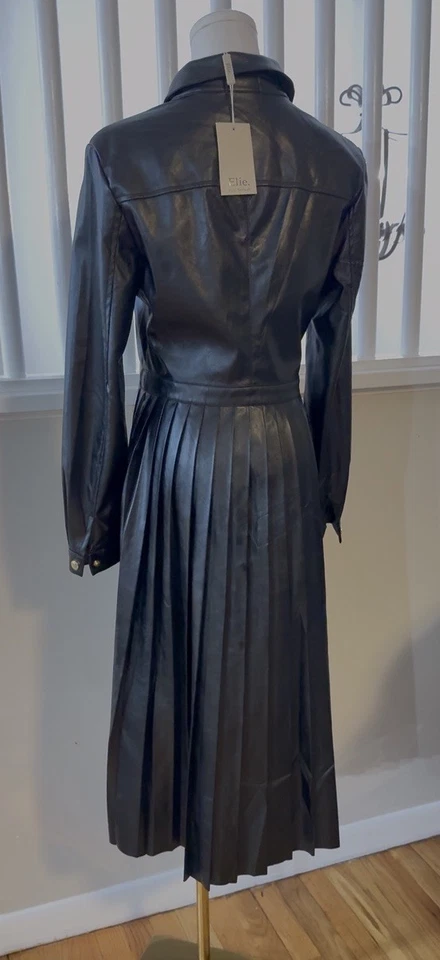 VESTIDO CAMISERO ELIE TAHARI LARGO NEGRO FAUX PLISADO A PRESIÓN TALLA 6 Foto 4 de 4