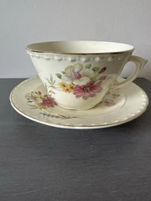 Vintage Crooksville China Colorful Pink  Floral Coffee Tea Cup And 7" Saucer