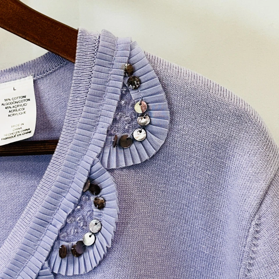 Alfred Dunner Lavender Cardigan Sweater Size L Beaded Trim Scallop Detailing - Image 3 of 4